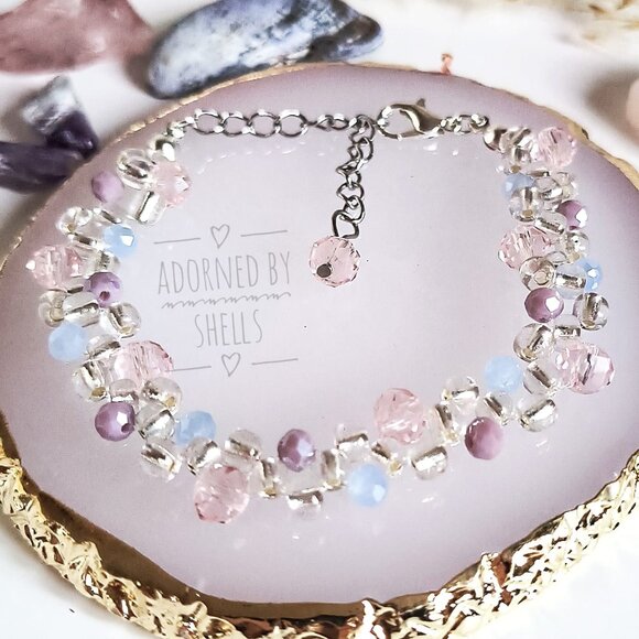 Aqua Mauve Crystals Beaded Bracelet, Non-Tarnish Minimalist Dainty Jewelry - Picture 5 of 10